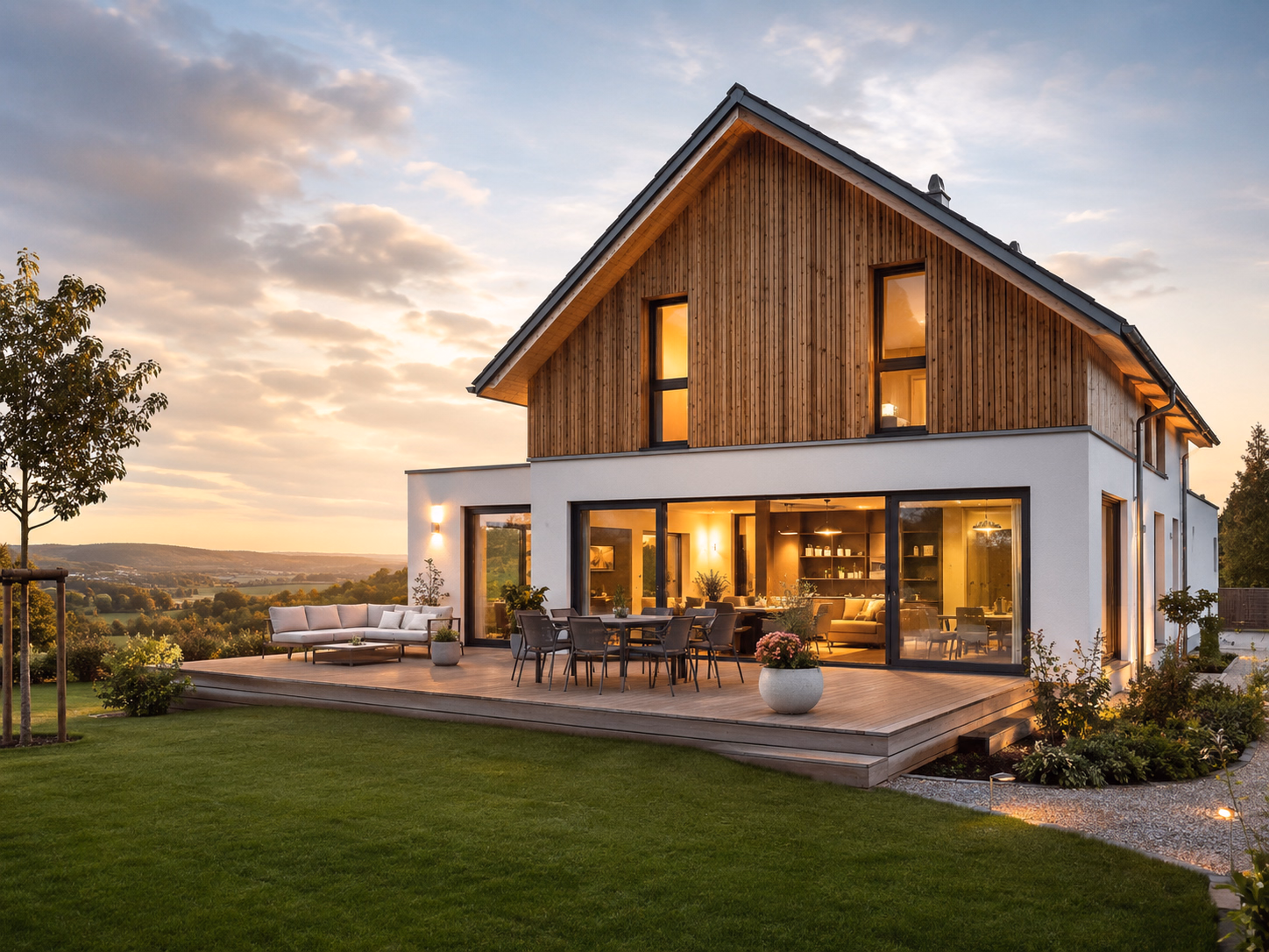 Innenraum eines RAHN Haus mit sichtbarer Massivholzdecke